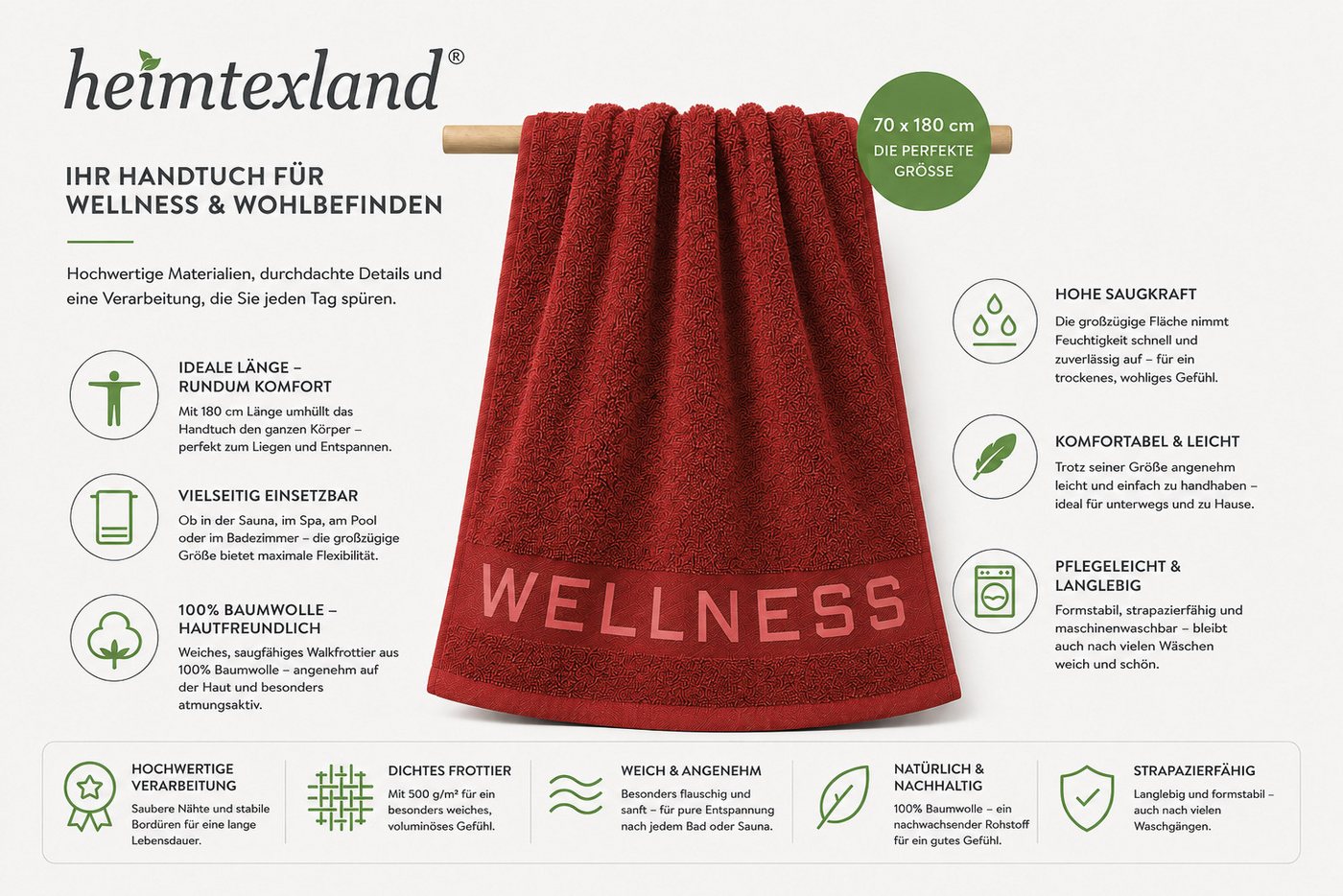 heimtexland Saunatuch Wellness Sauna Handtuch Badetuch Walkfrottier, Walkfrottee (Stück, 1-St), Jacquard Bordüre, weich und saugstark, Duschtuch, 70x180 cm Bild 4