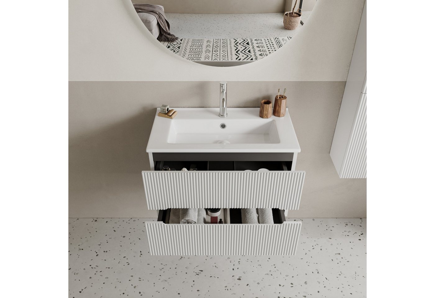 BRIDGE BENO Wandhängeschrank 61 cm Breiter Wandschrank Mit Keramikwaschbecken, 2 Schubladen, 1-tlg., geeignet Für Kleine Badezimmer/gäste-Wcs Bild 2