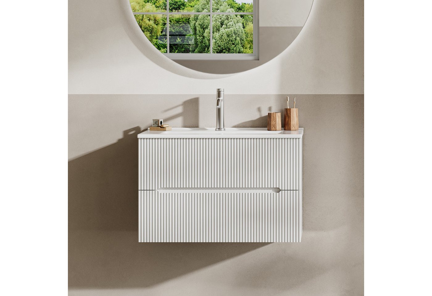 BRIDGE BENO Wandhängeschrank 61 cm Breiter Wandschrank Mit Keramikwaschbecken, 2 Schubladen, 1-tlg., geeignet Für Kleine Badezimmer/gäste-Wcs Bild 3