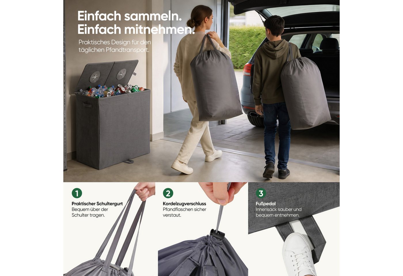Sekey Flaschenkorb Pfandflaschen Sammelbehälter Flaschensammler für Leergut Aufbewahrung, 160L Pfandflaschen-Behälter mit Deckel als Tragetasche für Recycling