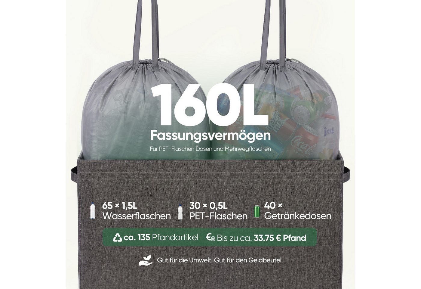Sekey Flaschenkorb Pfandflaschen Sammelbehälter Flaschensammler für Leergut Aufbewahrung, 160L Pfandflaschen-Behälter mit Deckel als Tragetasche für Recycling Bild 3