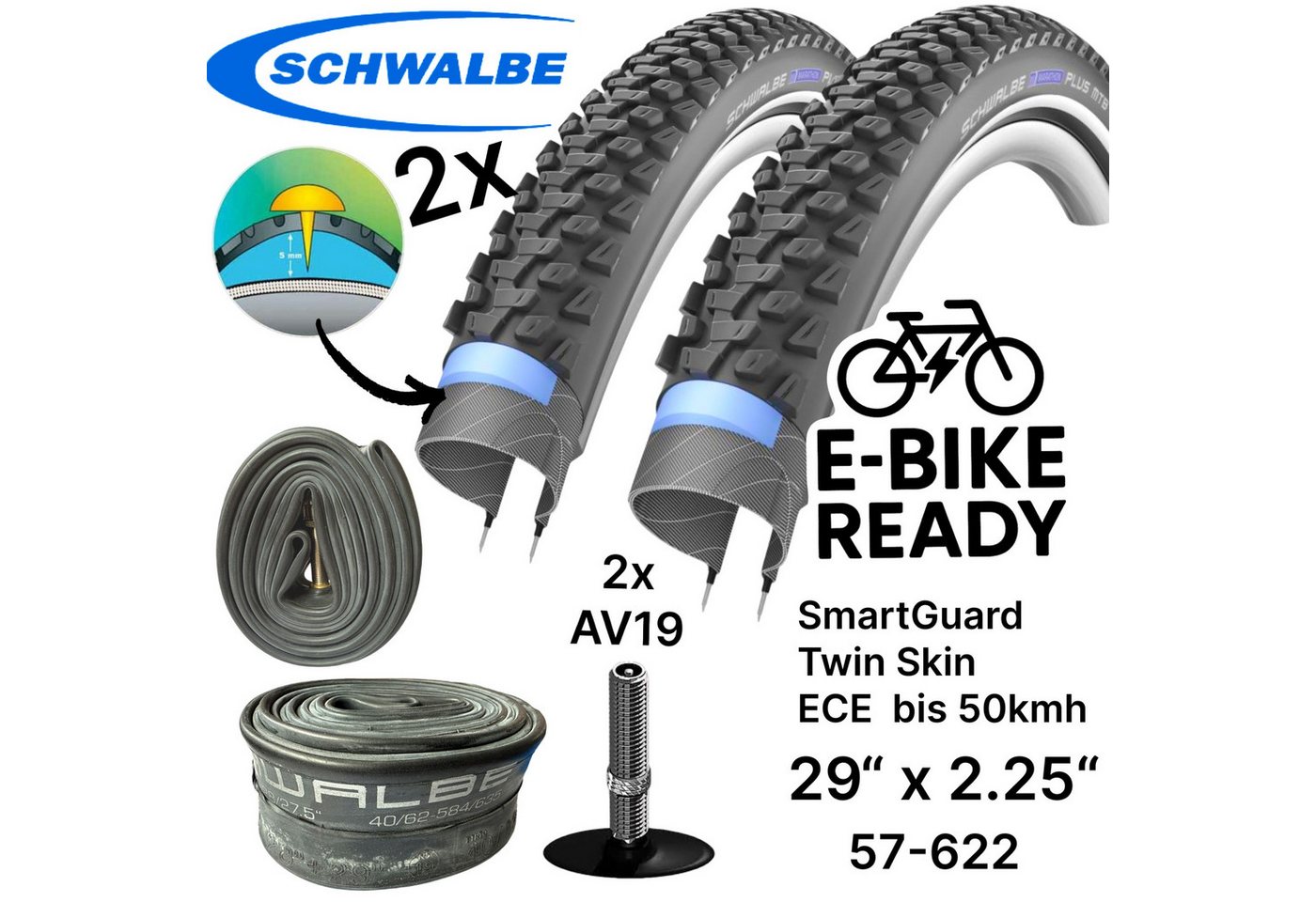 Schwalbe Fahrradschlauch Schwalbe Marathon Plus MTB Ebike 29x2,25"Reifen + Schläuche AV19 Set Bild 2