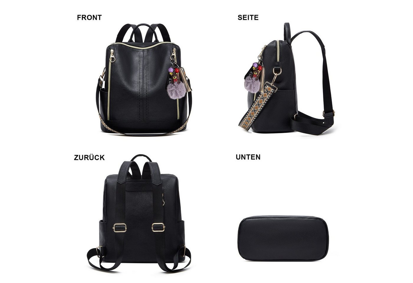 MOPUEA Rucksack Kunstleder Freizeitrucksack Reiserucksack mit Anhänger Wasserdicht