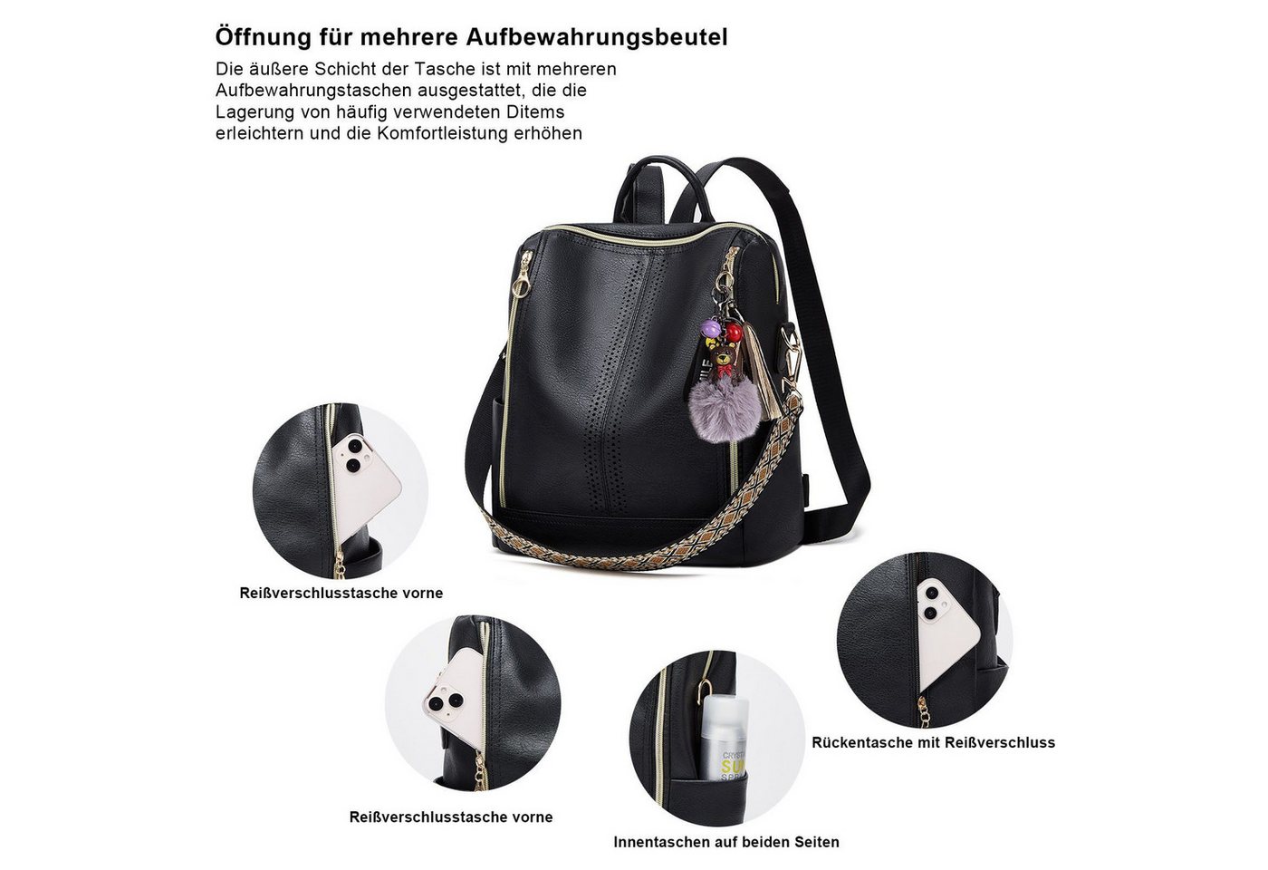 MOPUEA Rucksack Kunstleder Freizeitrucksack Reiserucksack mit Anhänger Wasserdicht Bild 4