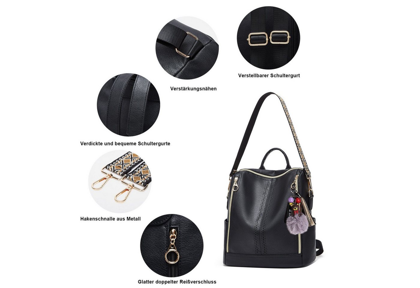 MOPUEA Rucksack Kunstleder Freizeitrucksack Reiserucksack mit Anhänger Wasserdicht Bild 5