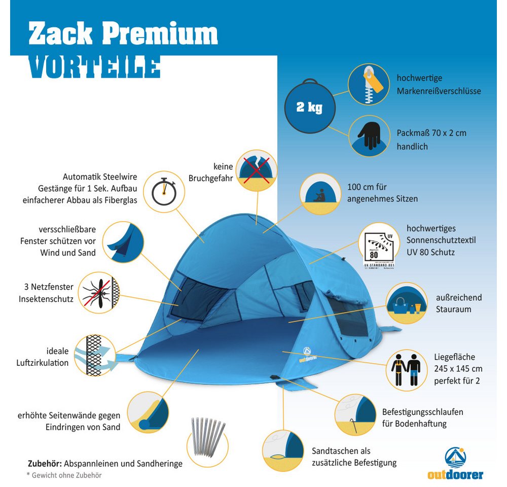 outdoorer Strandmuschel Zack Premium blau, UV 80, mit Fenstern, Pop-up Bild 5