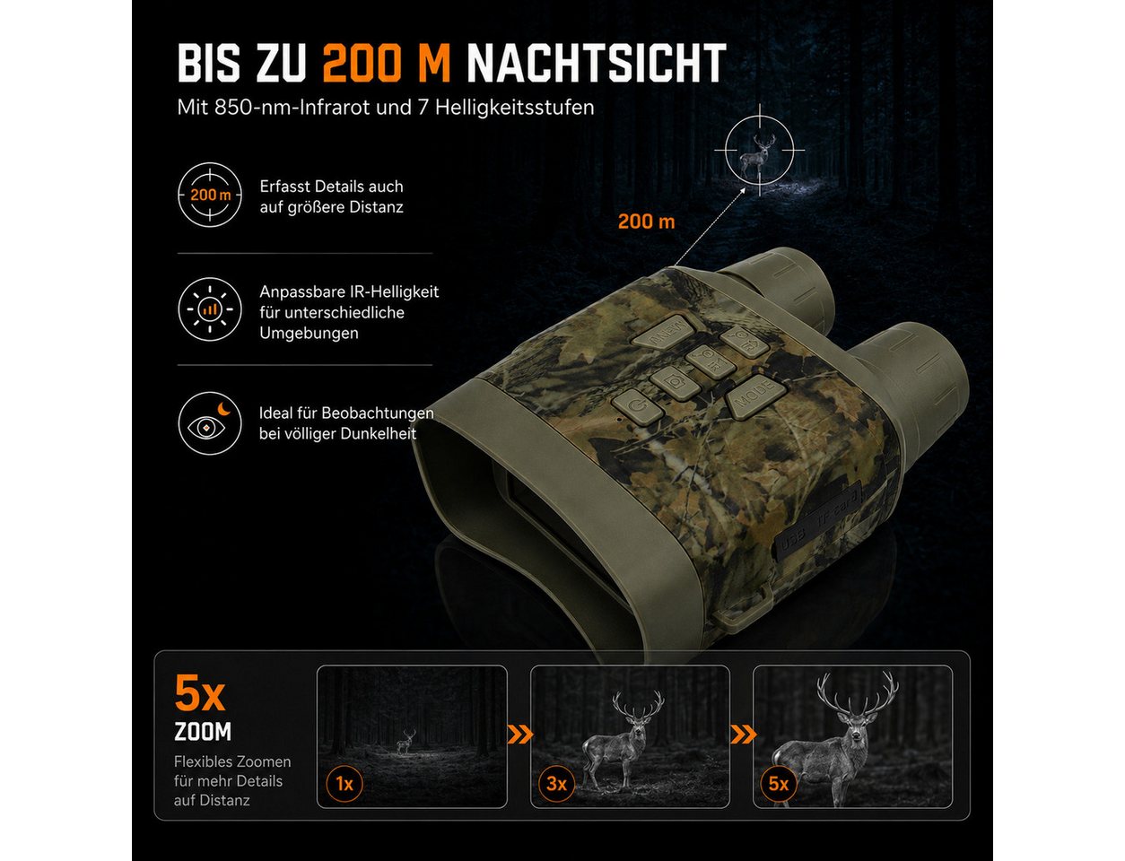 Tekoo Nachtsichtgerät Digitales Nachtsichtgerät 4K 36MP Infrarot Fernglas 200m inkl. 64GB, 4K-Video, 36MP, 200m Nachtsicht, 3" HD-Display & 4000mAh Akku Bild 3