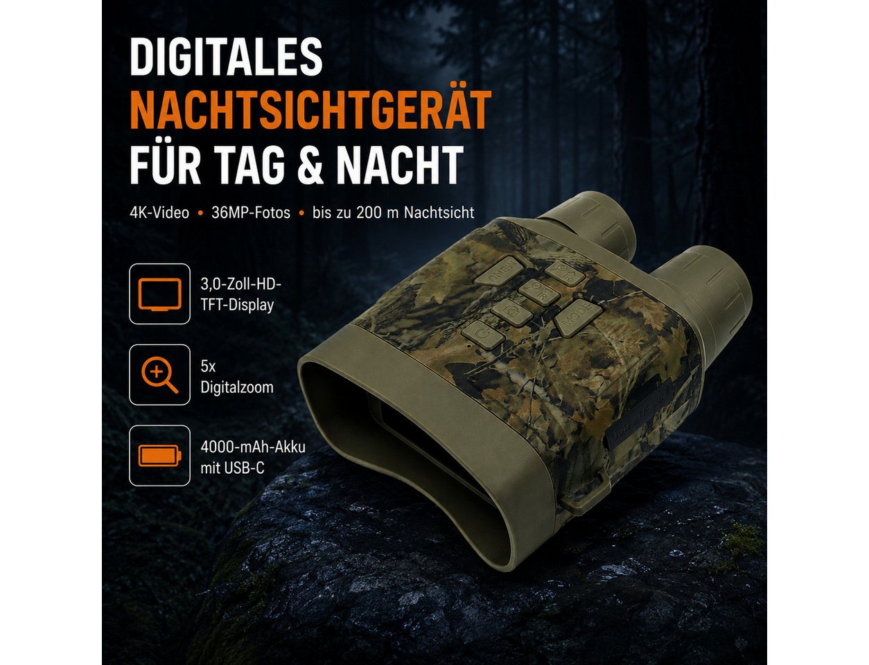 Tekoo Nachtsichtgerät Digitales Nachtsichtgerät 4K 36MP Infrarot Fernglas 200m inkl. 64GB, 4K-Video, 36MP, 200m Nachtsicht, 3" HD-Display & 4000mAh Akku Bild 5