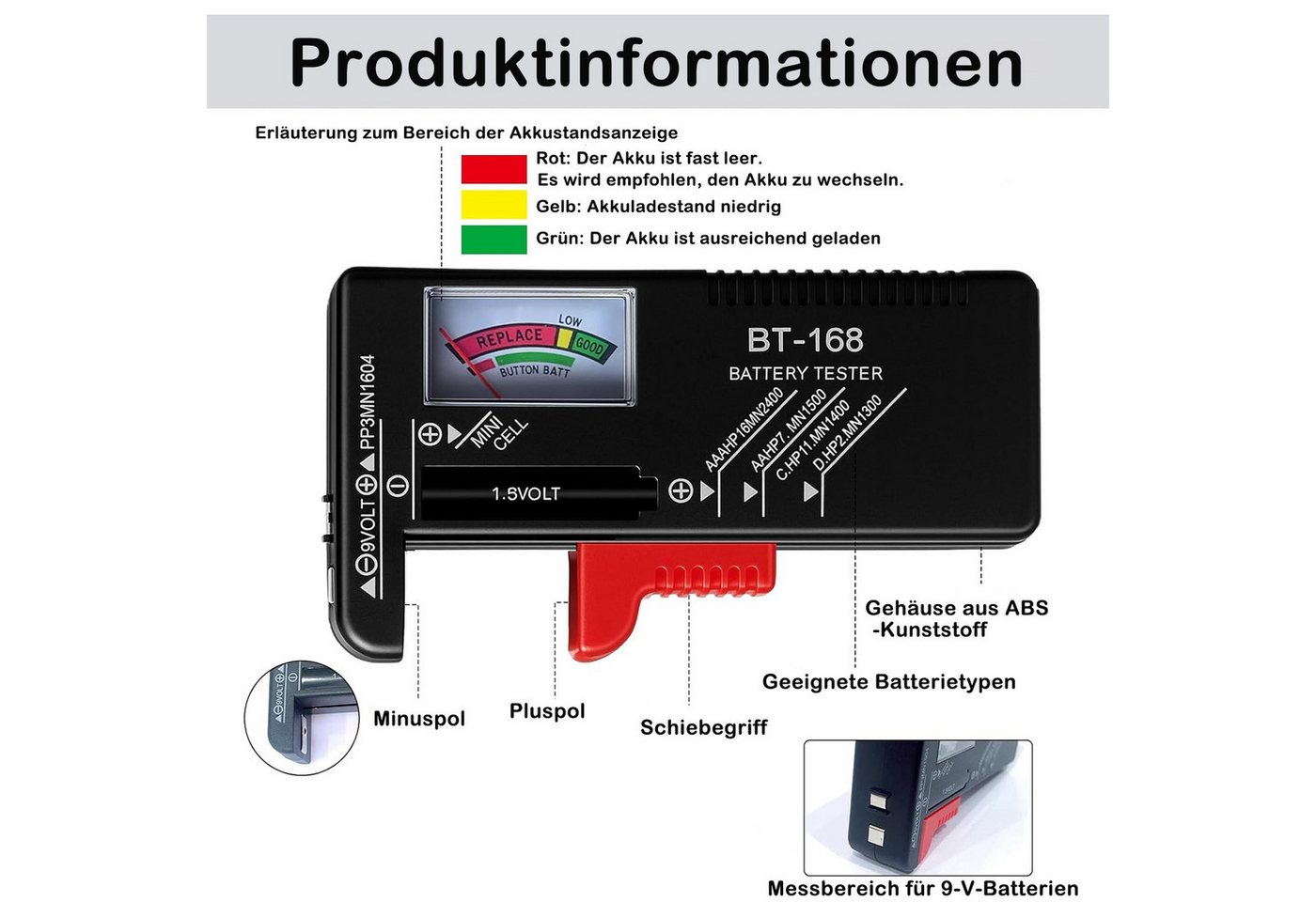 AFKSMILE Spannungsprüfer Batterietester, Anzeige mit Zeiger für AA AAA C D 9V 1,5V Knopfzellen, Akku Batterieprüfgerät ohne Strom,Präzises Batterie Messgerät (BT-168) Bild 3