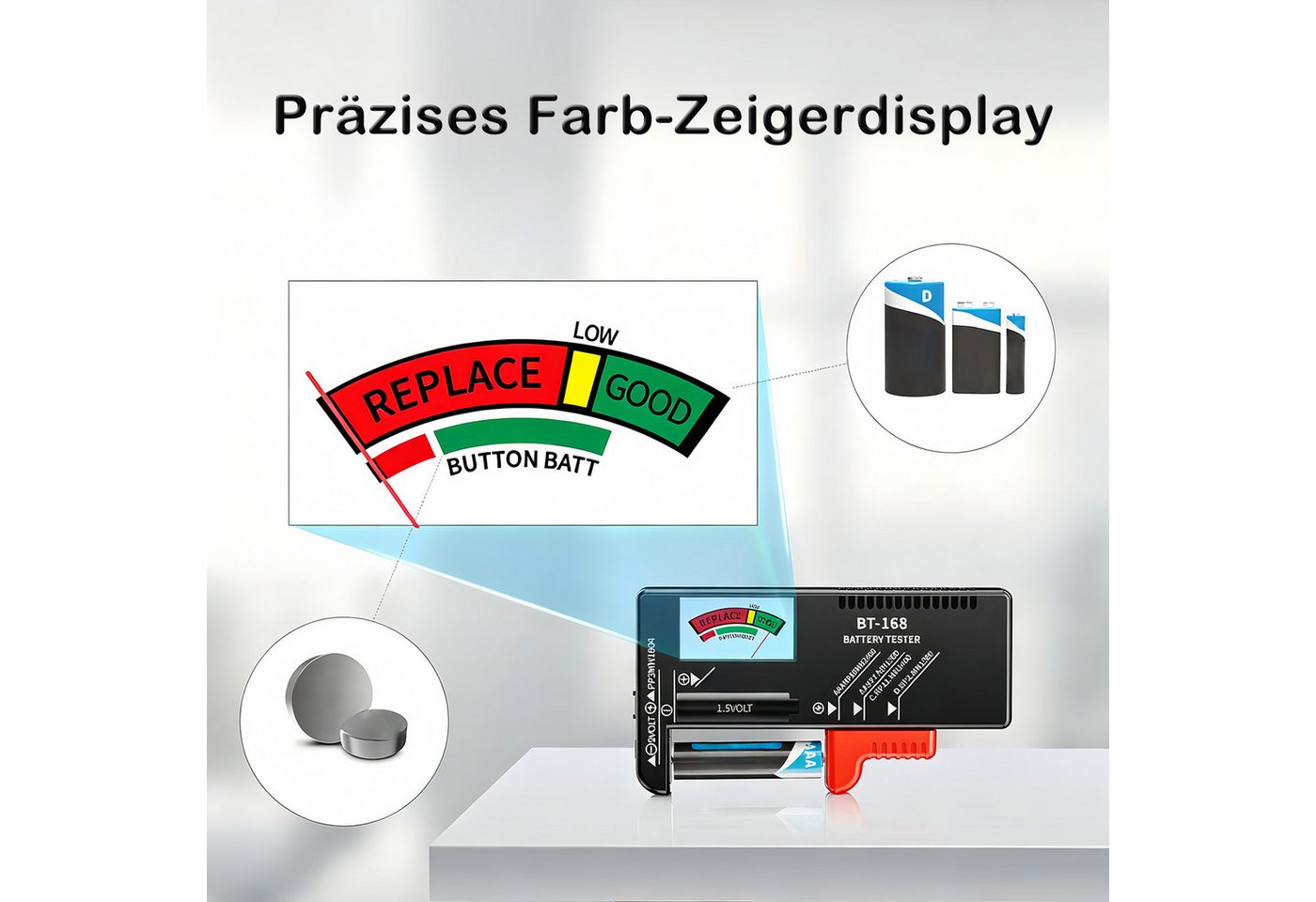 AFKSMILE Spannungsprüfer Batterietester, Anzeige mit Zeiger für AA AAA C D 9V 1,5V Knopfzellen, Akku Batterieprüfgerät ohne Strom,Präzises Batterie Messgerät (BT-168) Bild 4