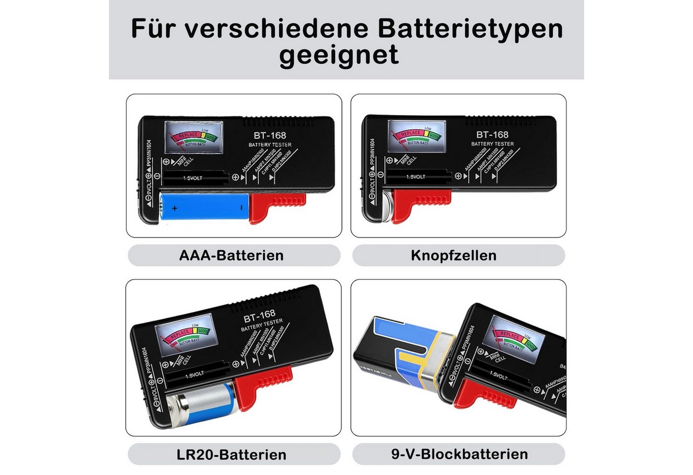 AFKSMILE Spannungsprüfer Batterietester, Anzeige mit Zeiger für AA AAA C D 9V 1,5V Knopfzellen, Akku Batterieprüfgerät ohne Strom,Präzises Batterie Messgerät (BT-168) Bild 5