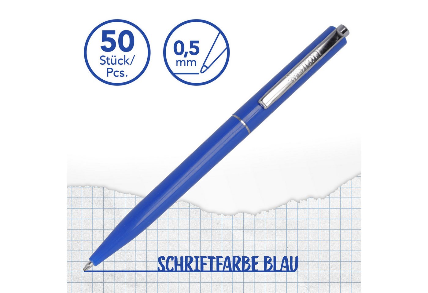 WESTCOTT Druckkugelschreiber Kugelschreiber ALLTIME Blau 50 Stück, Strichstärke M, X20 Mine, (Vorteilspack, 50-tlg), Dokumentenecht nach ISO 12757-2, Stabiler Metallclip Bild 3
