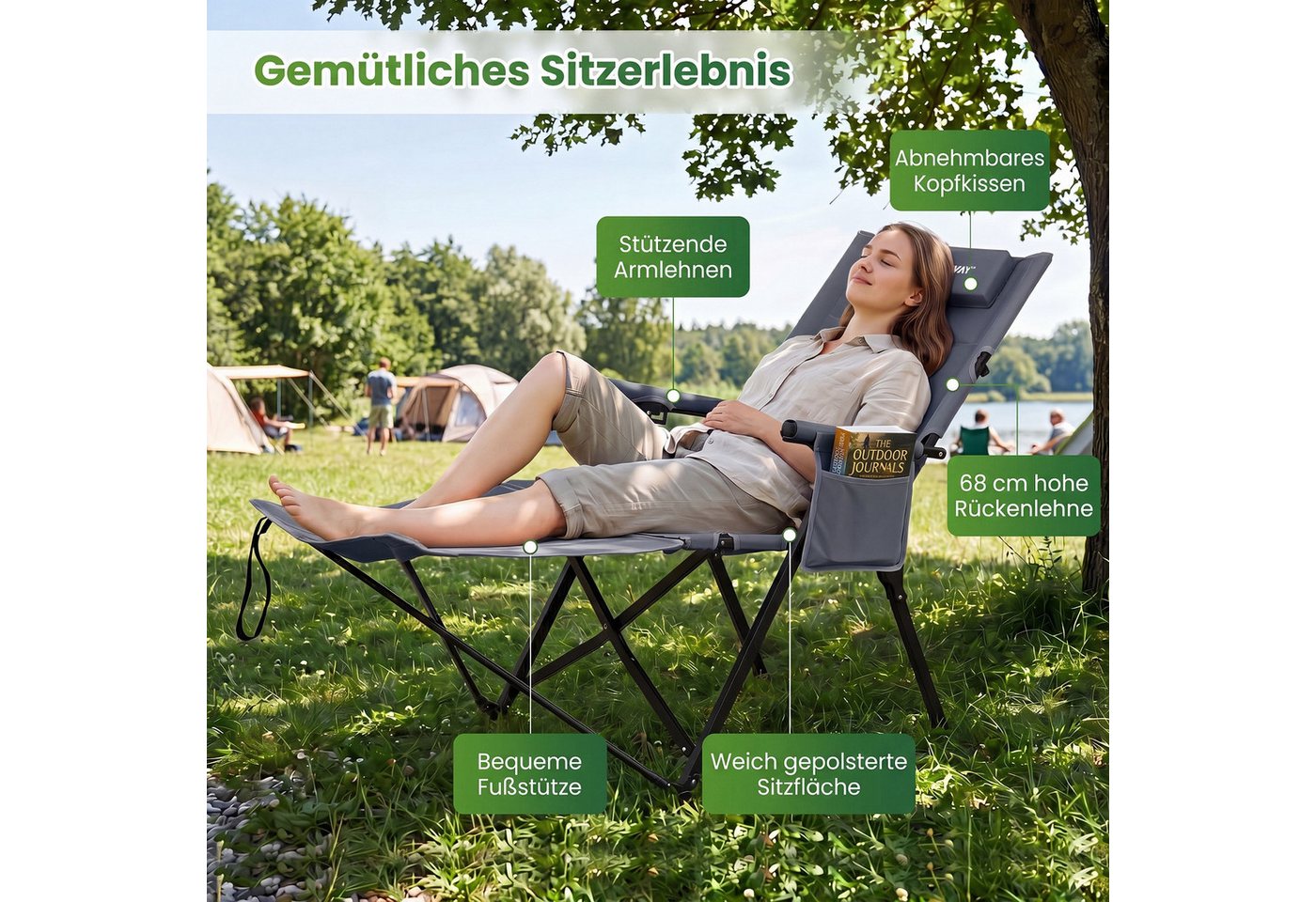 COSTWAY Campingstuhl, Faltbarer Liegestuhl mit Fußstütze, 4-fach verstellbar Bild 2