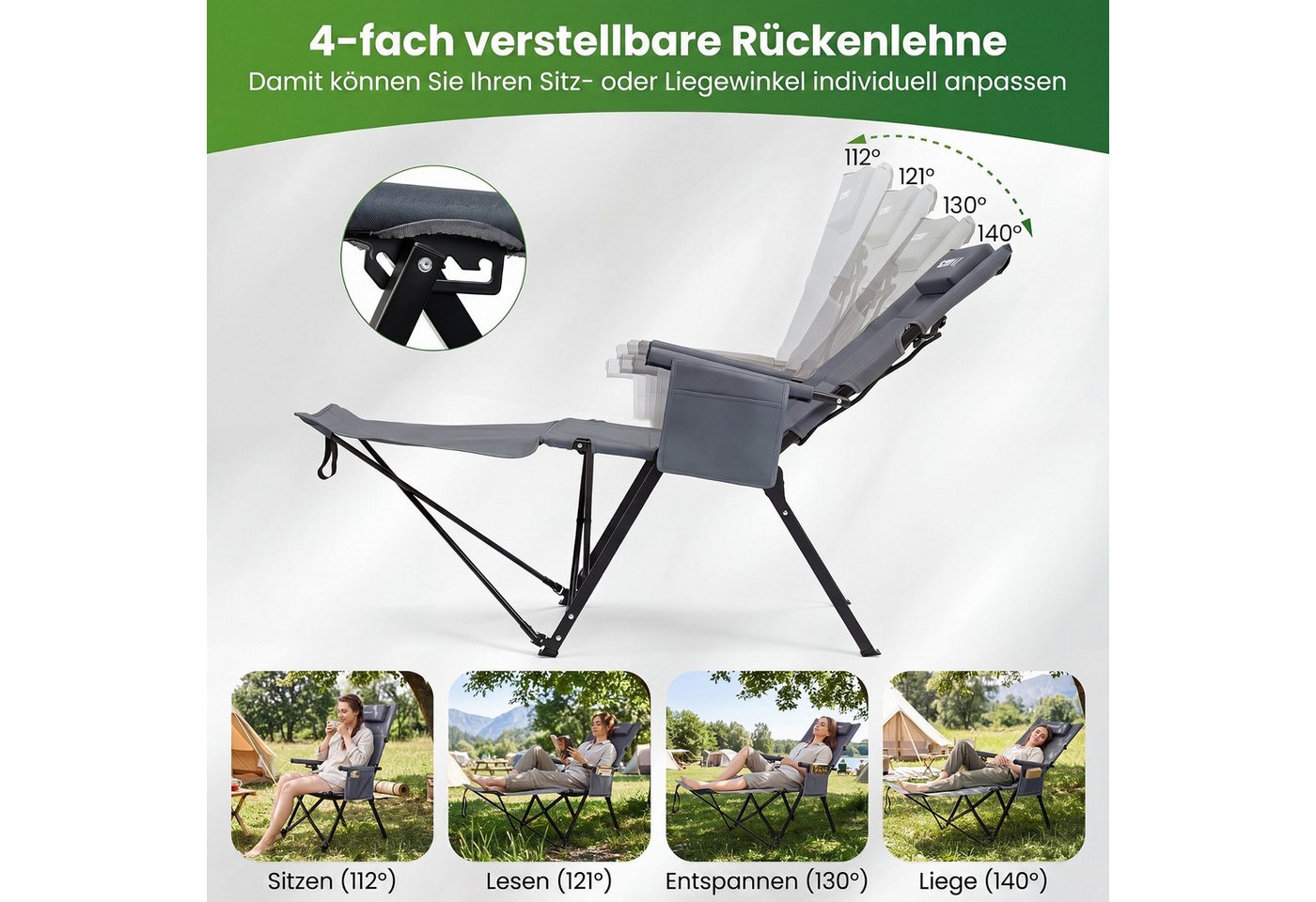 COSTWAY Campingstuhl, Faltbarer Liegestuhl mit Fußstütze, 4-fach verstellbar Bild 3
