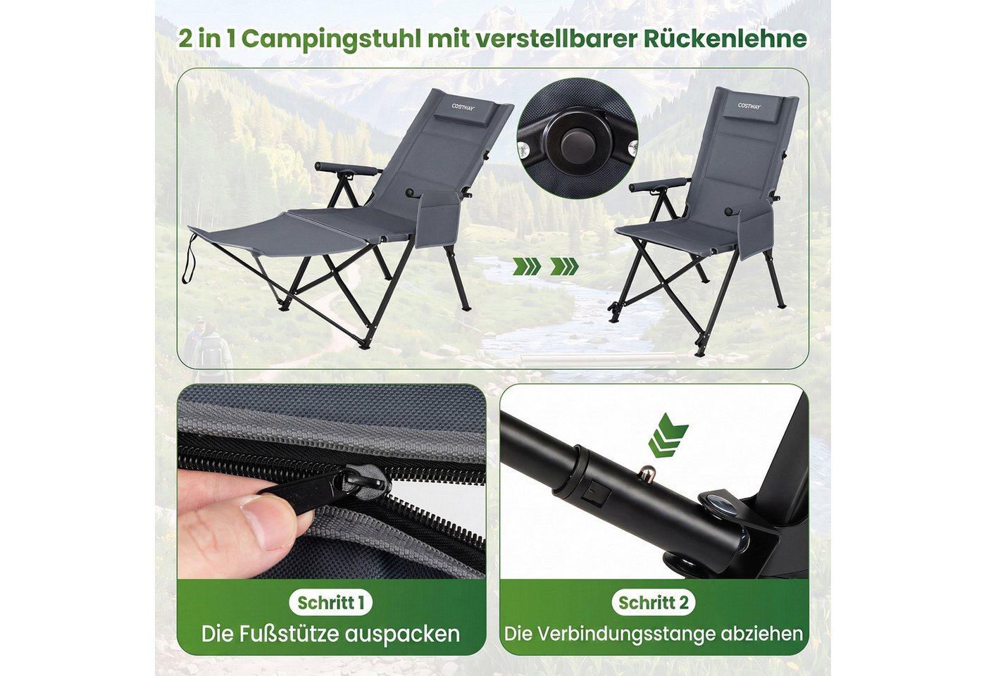 COSTWAY Campingstuhl, Faltbarer Liegestuhl mit Fußstütze, 4-fach verstellbar Bild 4