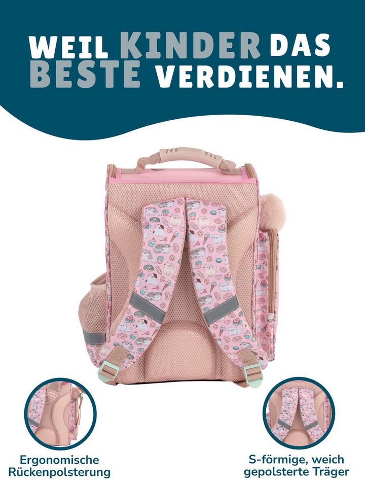Familando Schulranzen Sweet Kitty Katze Schultasche, rosa, für Mädchen 1. bis 4. Klasse (Set, 8-tlg., inkl. Federmappe, Lunch-Set und Sporttasche), ergonomisch, 1.010 Gramm leicht, 18L Volumen