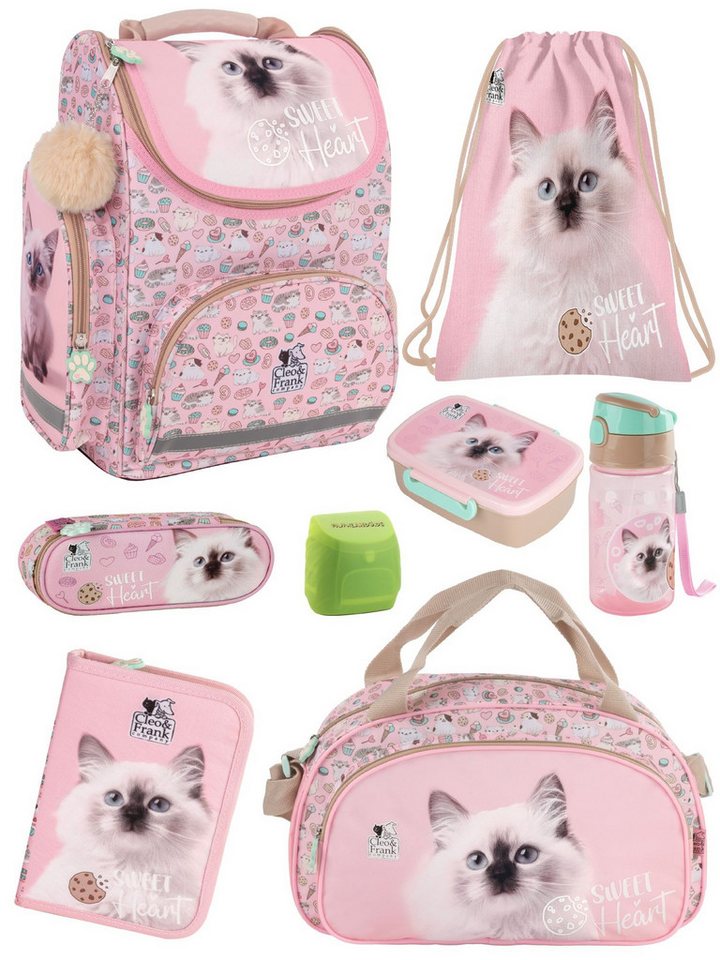 Familando Schulranzen Sweet Kitty Katze Schultasche, rosa, für Mädchen 1. bis 4. Klasse (Set, 8-tlg., inkl. Federmappe, Lunch-Set und Sporttasche), ergonomisch, 1.010 Gramm leicht, 18L Volumen Bild 2