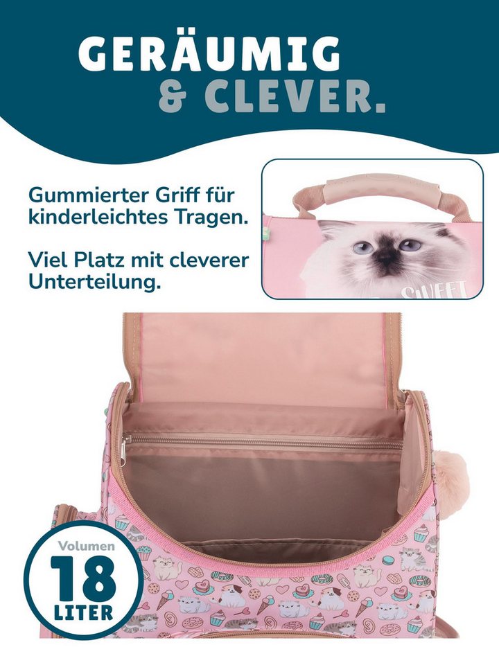 Familando Schulranzen Sweet Kitty Katze Schultasche, rosa, für Mädchen 1. bis 4. Klasse (Set, 8-tlg., inkl. Federmappe, Lunch-Set und Sporttasche), ergonomisch, 1.010 Gramm leicht, 18L Volumen Bild 5
