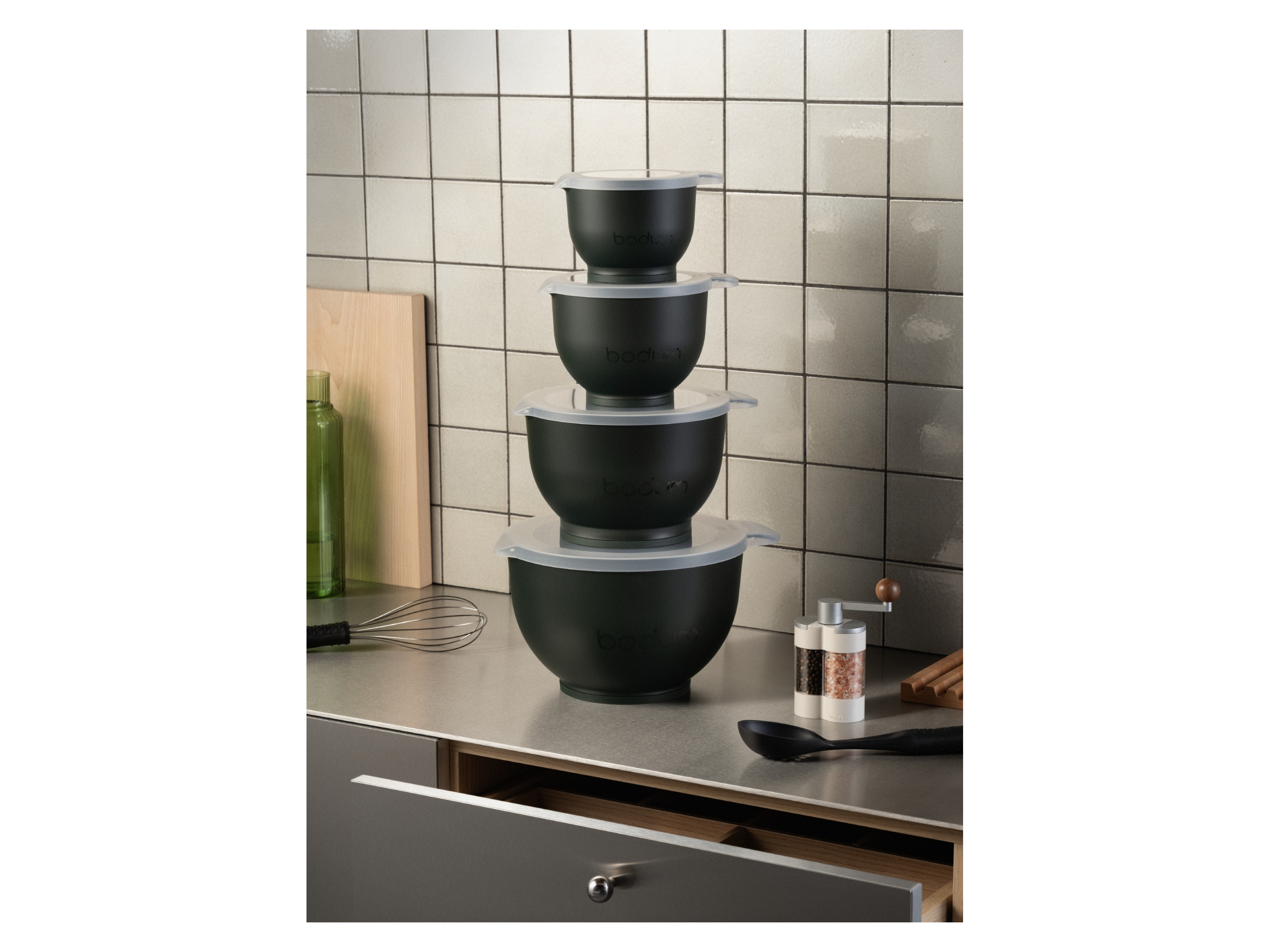 BODUM Bistro Set 3 Salatschüsseln, doppelwandig, 0,6l, 3,0l, 6,5l (Dunkelgrün)
