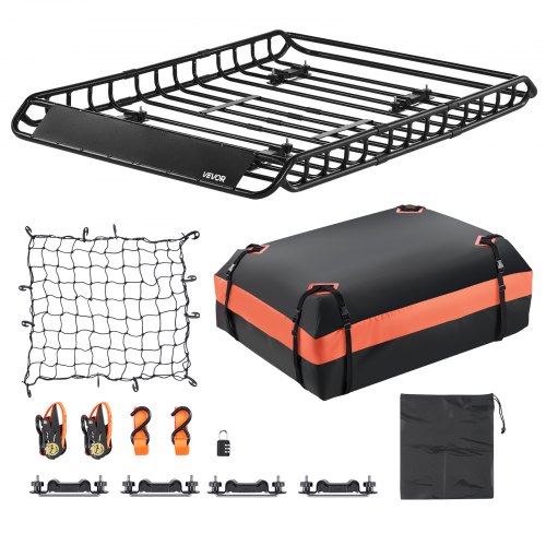 VEVOR Dachträgerkorb 1300 x 910 x 105 mm Dachgepäckträger 90,7 kg Tragkraft, Autodachkorb aus Legierter Stahl mit Gepäcktasche (112 x 87 x 26 cm) Dachgepäcknetz Ratschengurten, Ideal für SUV Lkw Pkw