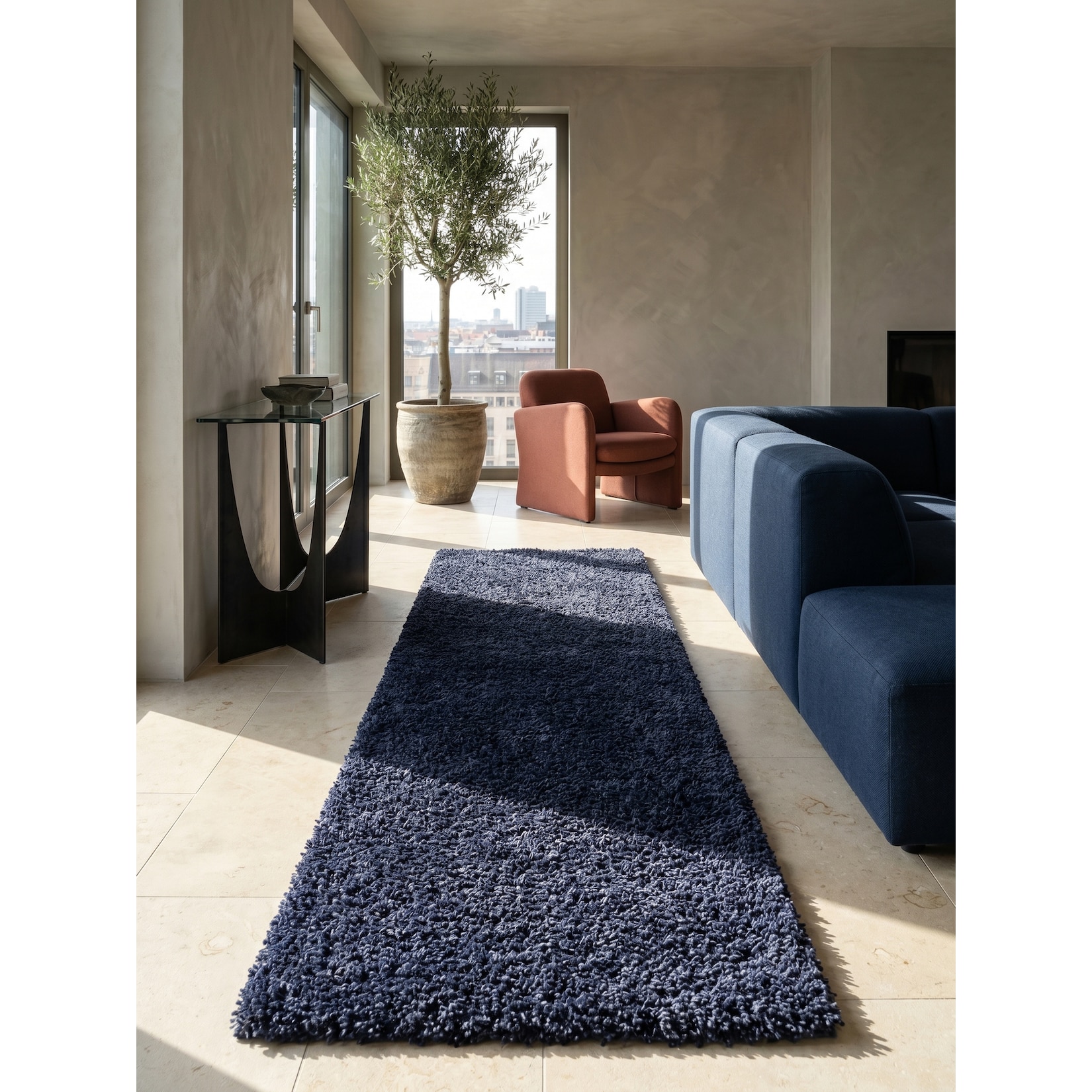 Hochflorteppich RHEIN, einfarbig, aus Polypropylen, Marineblau, 60 x 110 cm