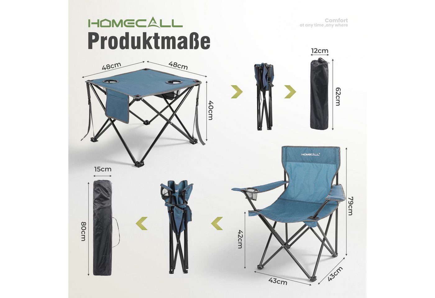 HOMECALL Campingstuhl Campingtisch mit Stühlen Klappstuhl Camping Faltstuhl Picknicktische (Blau)