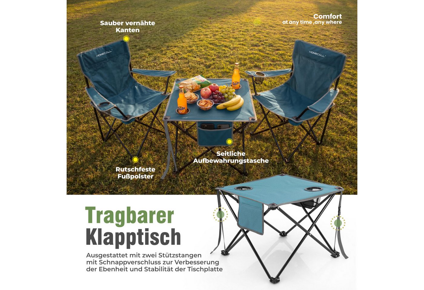 HOMECALL Campingstuhl Campingtisch mit Stühlen Klappstuhl Camping Faltstuhl Picknicktische (Blau) Bild 2
