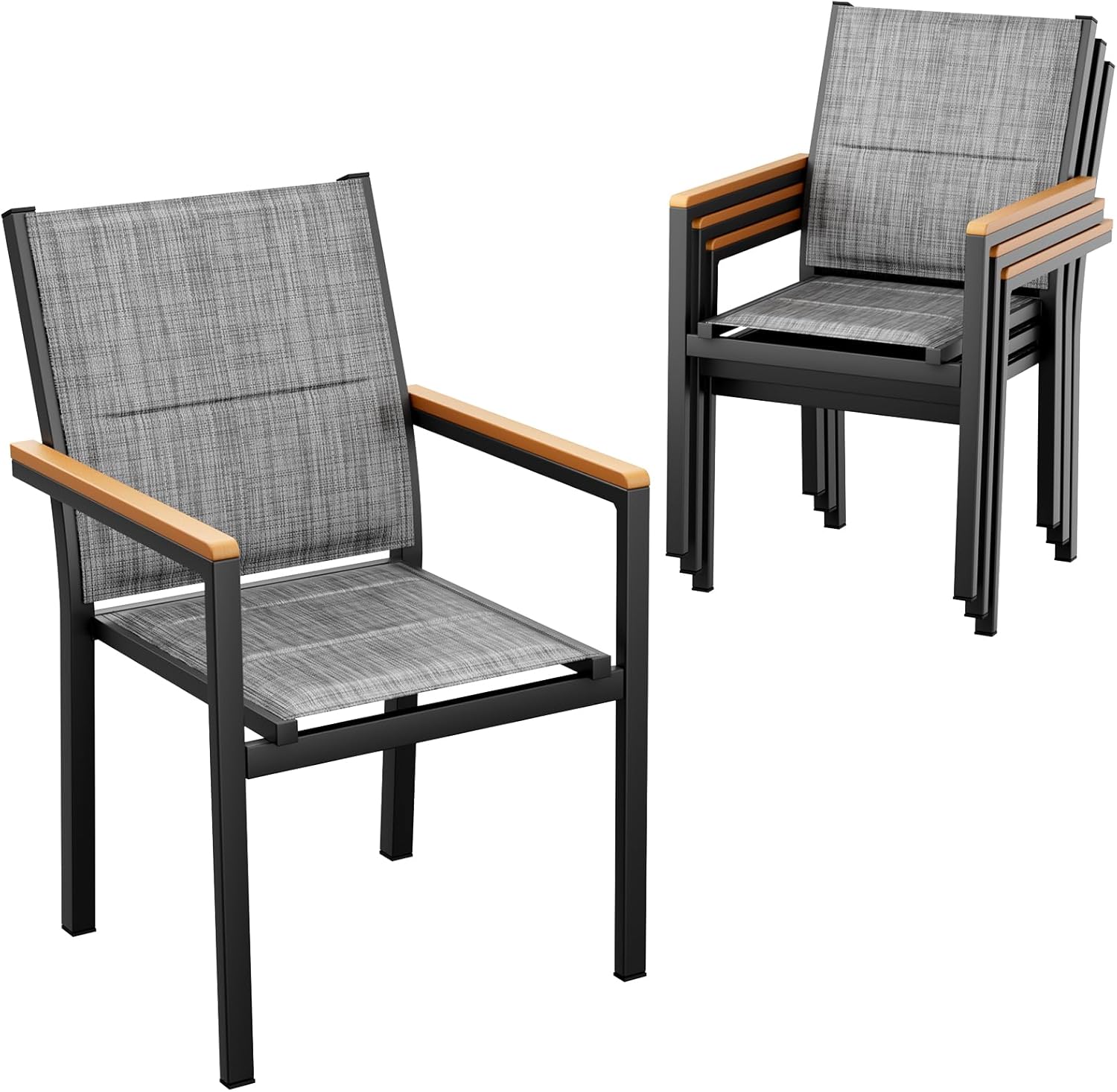 Gartenstuhl 4er Set, Stapelbarer Aluminium Esszimmerstuhl, Mit Gesteppte Rückenlehne & Sitzfläche, Wpc Handlauf Balkonstühle Für Garten, Terrasse, Balkon, Pool, Restaurants, Leinengrau