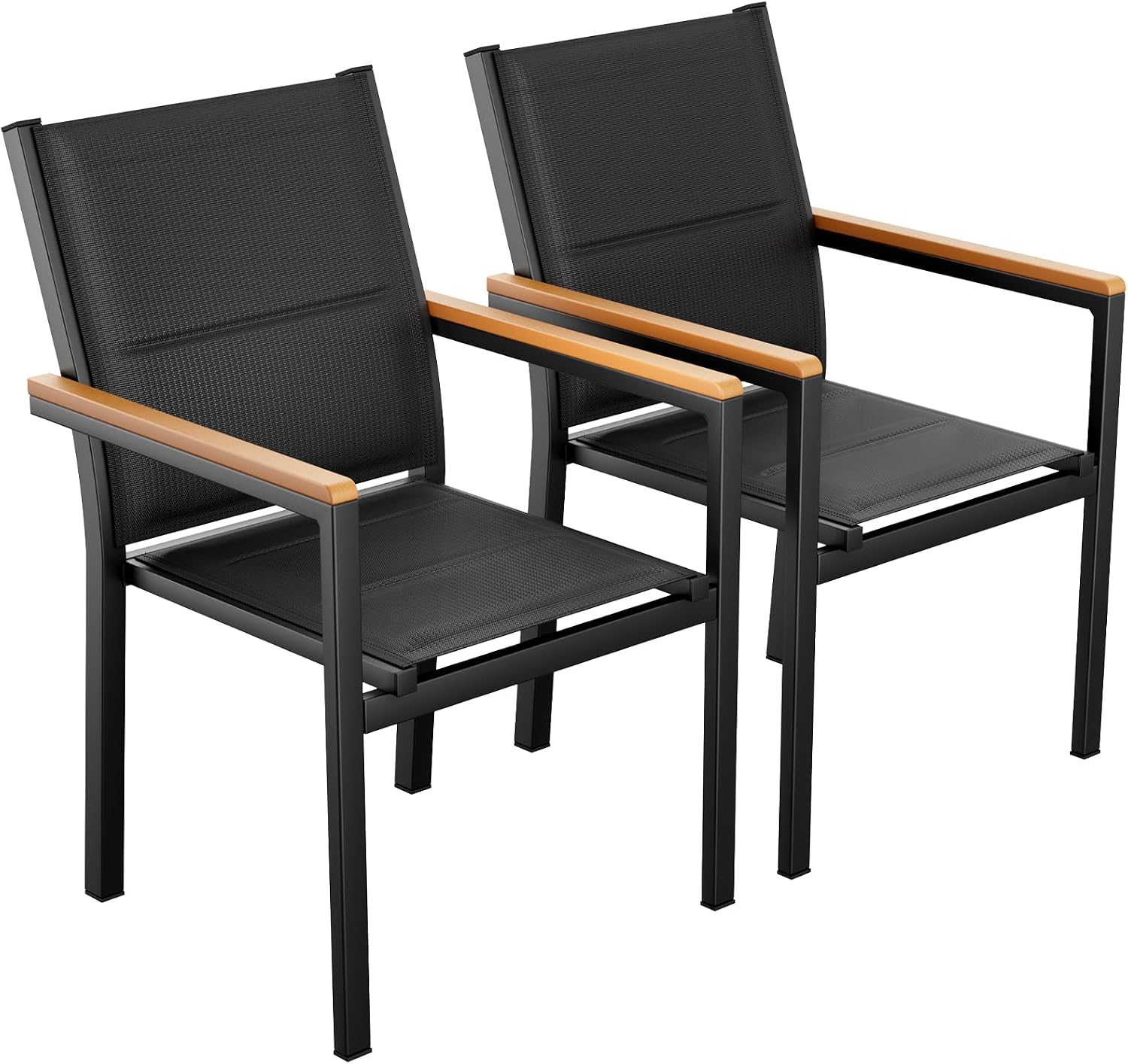 Gartenstuhl 2er Set, Stapelbarer Aluminium Esszimmerstuhl, Schwarz Balkonstühle Mit Gesteppte Rückenlehne & Sitzfläche, Wpc Handlauf, Für Garten, Terrasse, Balkon, Pool, Restaurants