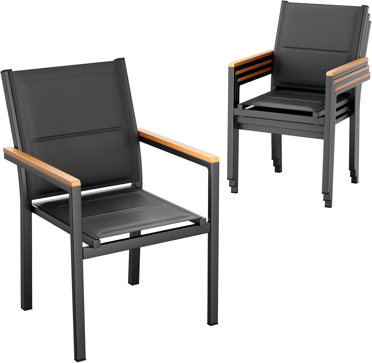 Gartenstuhl 4er Set, Stapelbarer Aluminium Esszimmerstuhl, Schwarz Balkonstühle Mit Gesteppte Rückenlehne & Sitzfläche, Wpc Handlauf, Für Garten, Terrasse, Balkon, Pool, Restaurants