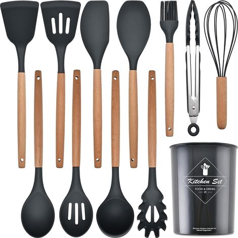 Set Mit 12 Küchenutensilien Aus Lebensmittelechtem Silikon – Hitzebeständig Bis 230 °c, Antihaftbeschichtet, Mit Holzgriffen, Löffel Und Pfannenwender