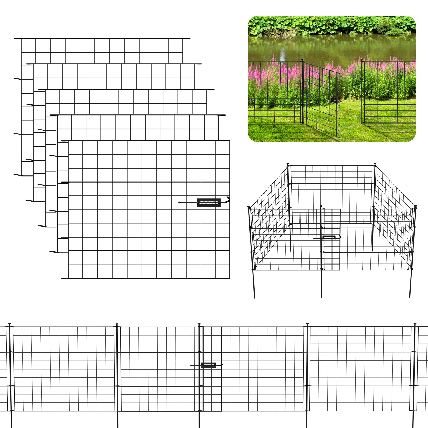 Jiubiaz 10x Teichzaun Metallzaun Zaunelementen Unterbogen Garden Gartenzaun Gartentor Zaun Gerade Schwarz