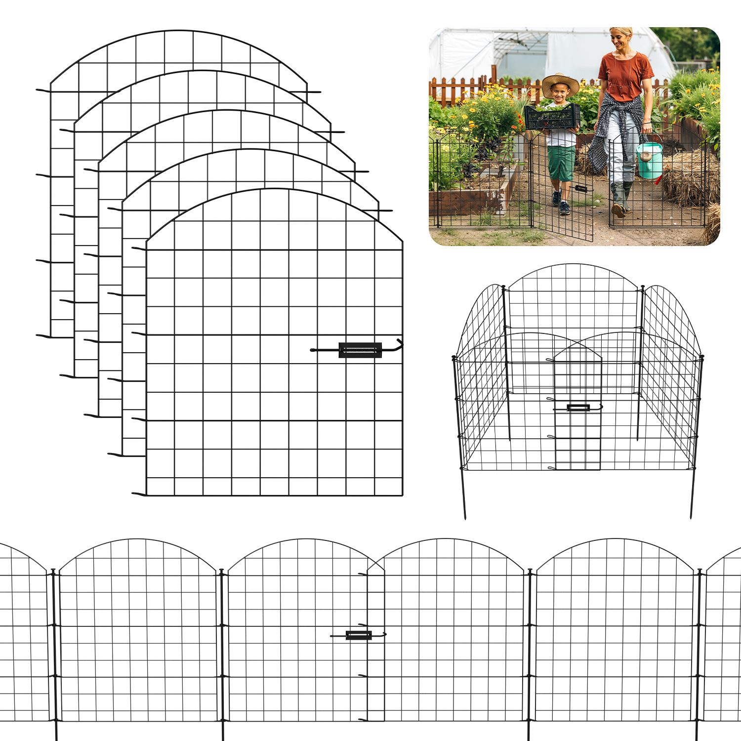 Jiubiaz 5x Teichzaun Metallzaun Zaunelementen Unterbogen Garden Gartenzaun Gartentor Zaun Oberbogen Schwarz