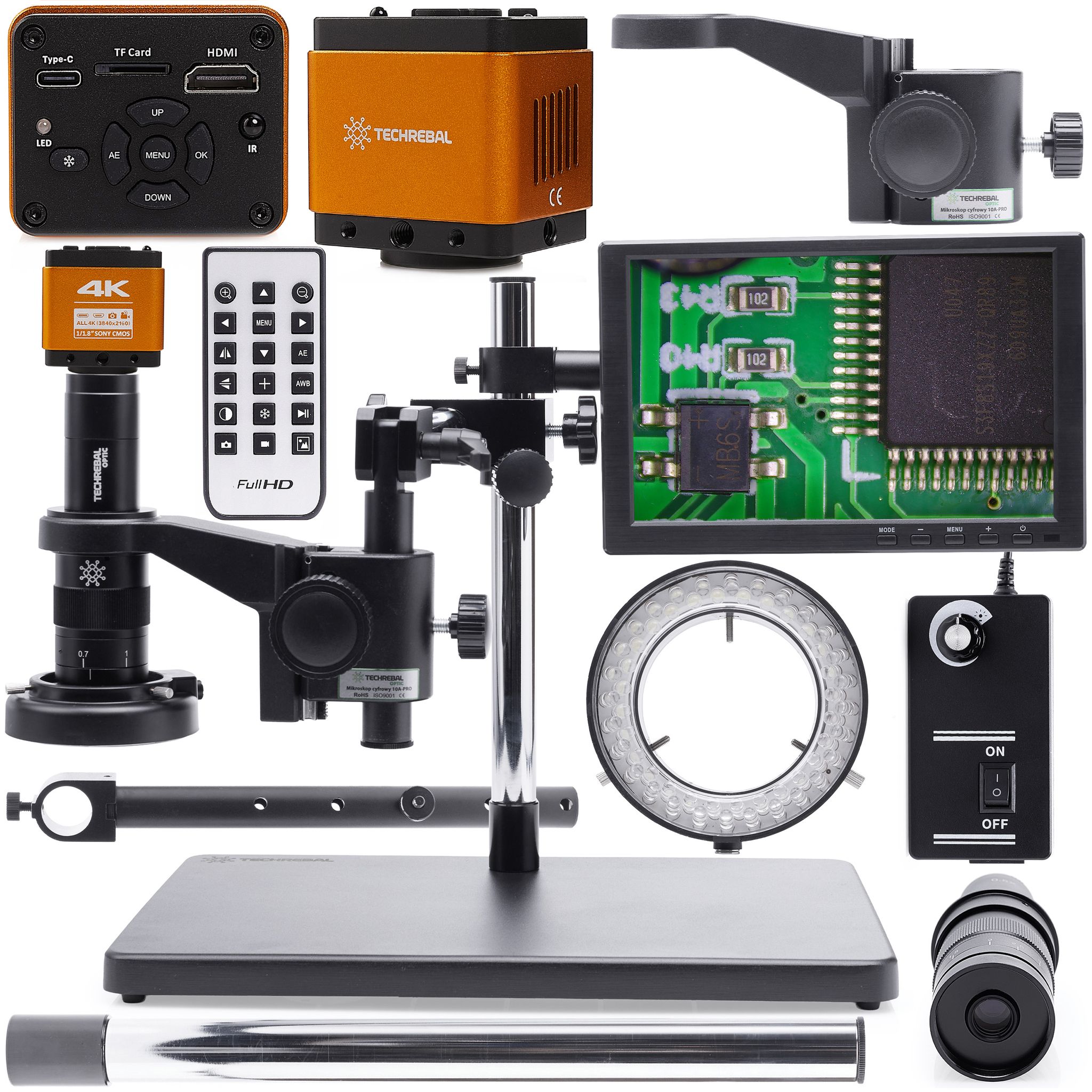 Digitales Mikroskop 10a- Solo + Einstellbare 60-led-beleuchtung + „orange Pro 4k“-kamera + 10a-arm + 10-zoll-display + Halterung