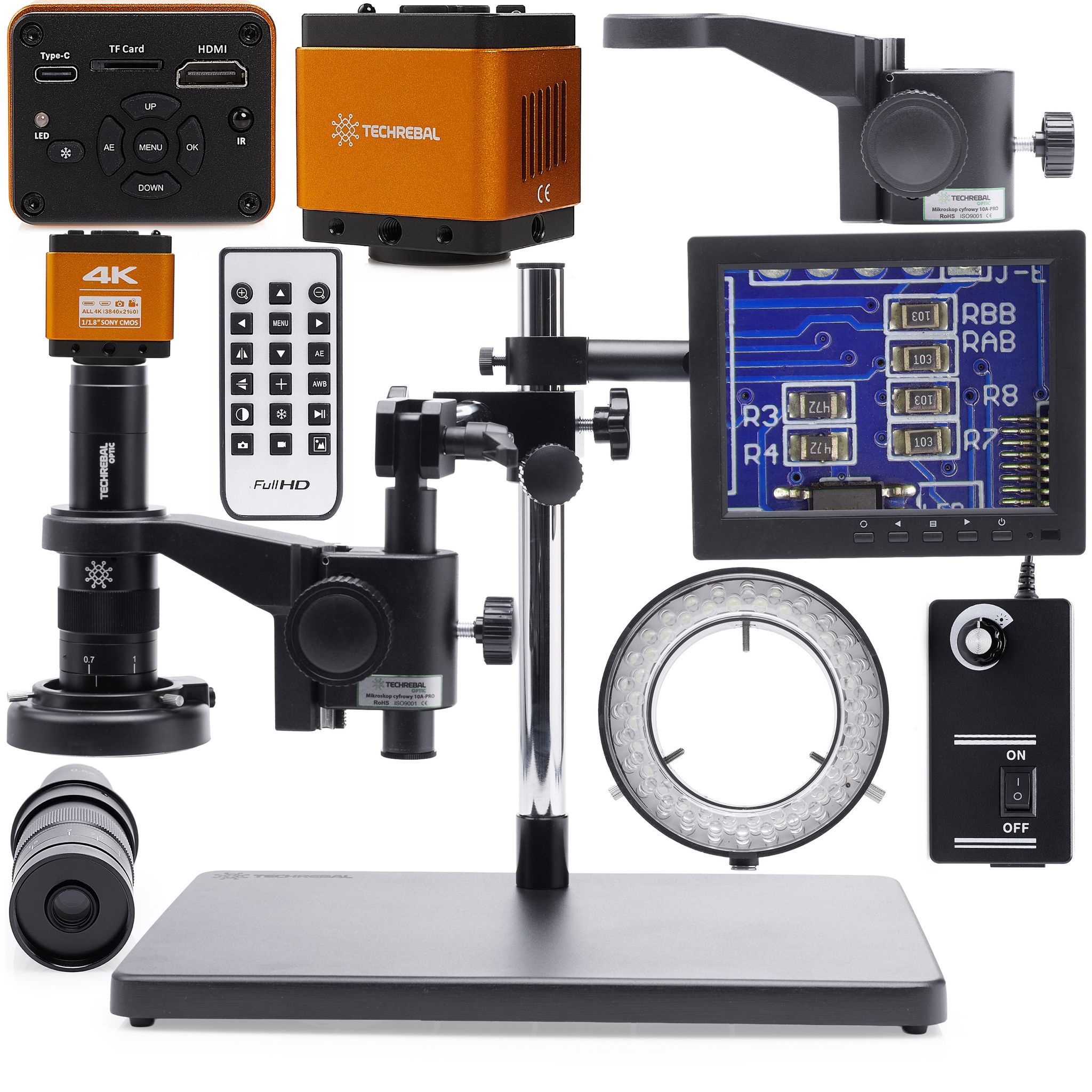 Digitales Mikroskop 10a- Solo + Einstellbare 60-led-beleuchtung + Kamera + „orange Pro 4k“ + 8-zoll-display + 10a-arm