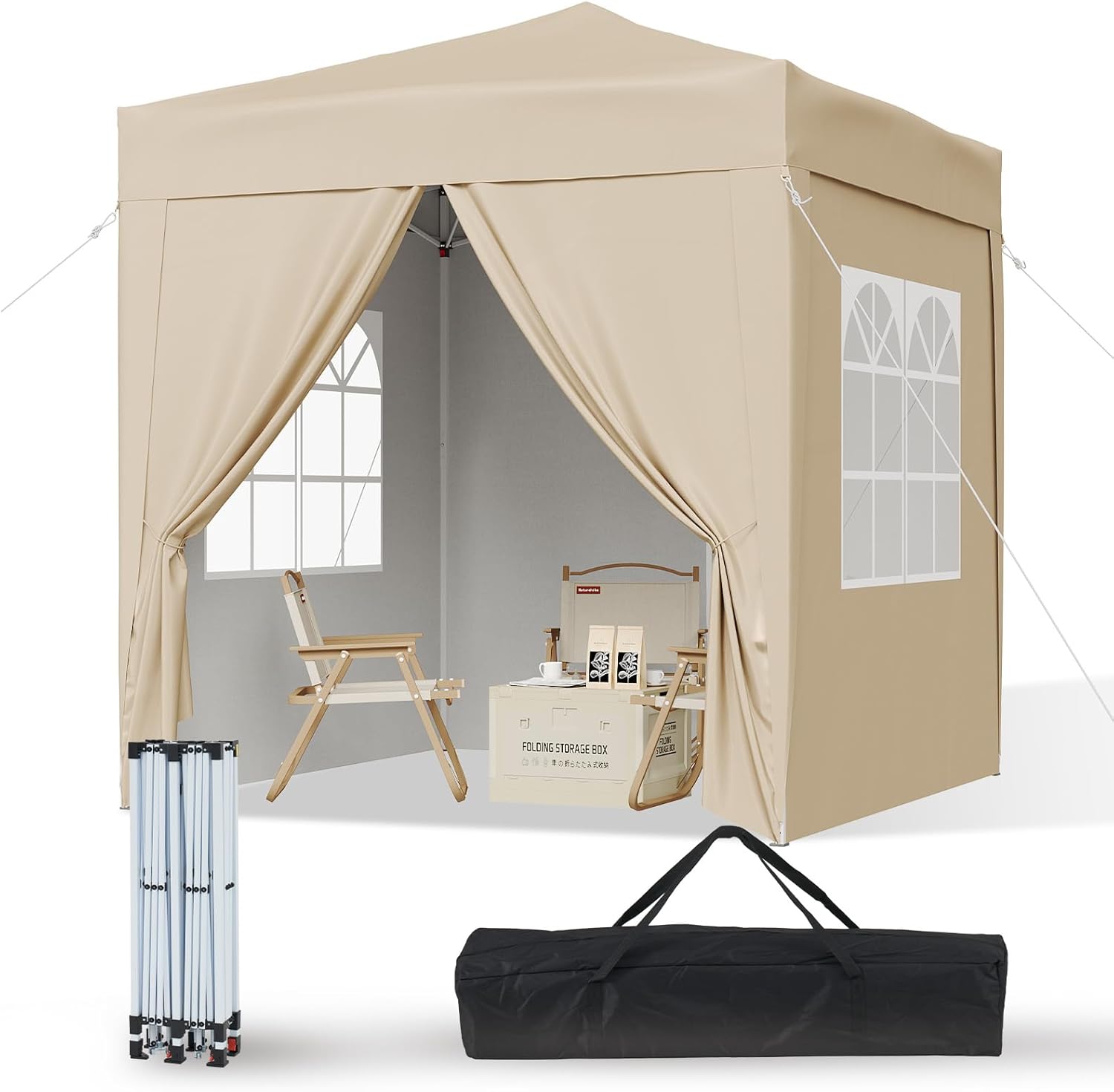 Aoxun Faltpavillon 2 X 2 M, Wasserdicht, Mit 4 Seitenwänden, Metallrahmen, Höhenverstellbar, Inklusive Tragetasche, Für Camping Und Partys, Beige