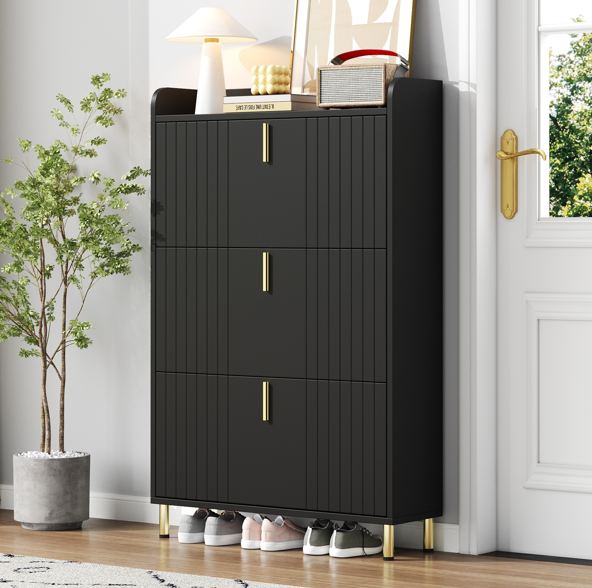 Schuhschrank Aus Mdf In Mattschwarz Mit 3 Klappen, Verstellbaren Einlegeböden, 80 X 23 X 123,5 Cm