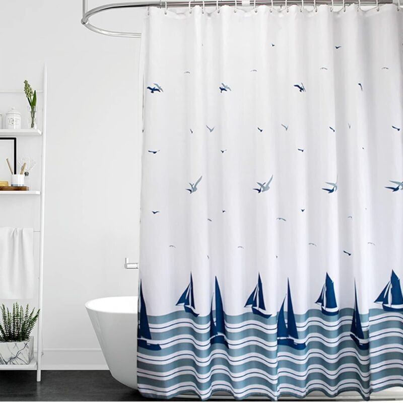 Duschvorhang 100 X 180 Cm, Beschwerter Saum, Schimmelresistent, Waschbar. Marineblauer Duschvorhang Mit Segelbootmotiv Und Haken.
