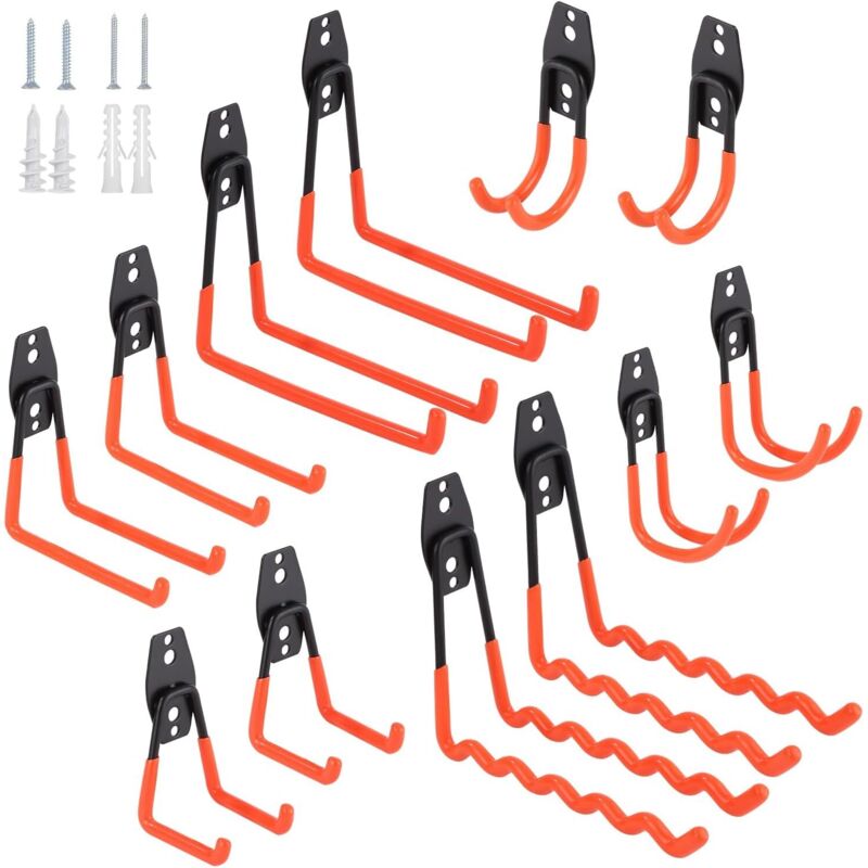 Garagenhaken. Set Mit 12 Robusten Wandhaken Mit Rutschfester Beschichtung. Quadratische Und Gewellte Haken. Für Schaufeln, Fahrräder, Werkzeuge, Seile, Rasenmäher Und Vieles Mehr.