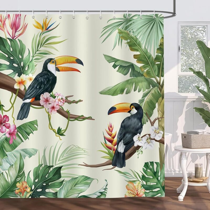Tropischer Duschvorhang Mit Tukan, Vögeln Und Blättern Badezimmervorhang Aus Polyestergewebe Schimmelresistent, Wasserdicht, Waschbar 180 X 180 Cm Mit 12 Haken Für Die Badewanne