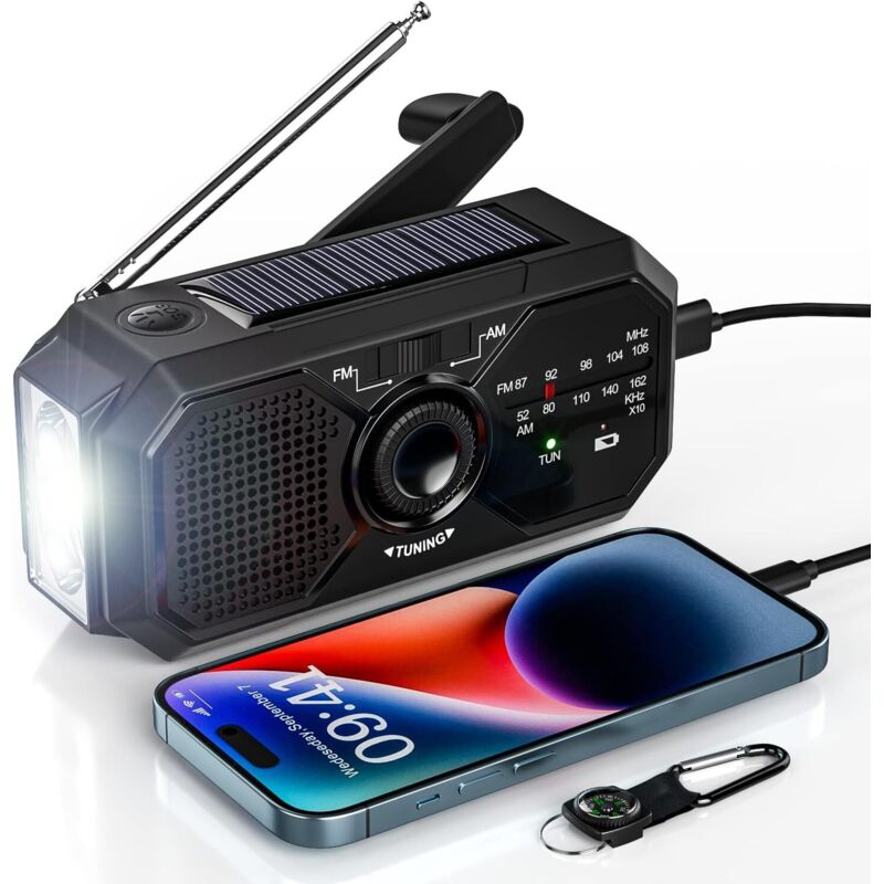 Tragbares, Handkurbelbetriebenes Solar-am/fm-radio – 2500 Mah Akku – Led-taschenlampe – Sos-alarm – Kompass – Ideal Für Notfälle Im Freien
