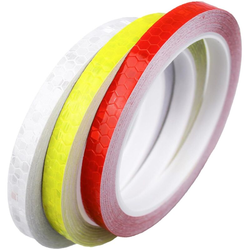 3 Rollen 1×8 M Fluoreszierendes Klebeband. Reflektierendes Klebeband. Reflektierender Streifen. Reflektierende Aufkleber. Für Fahrräder, Helme, Motorräder (rot, Gelb, Weiß)