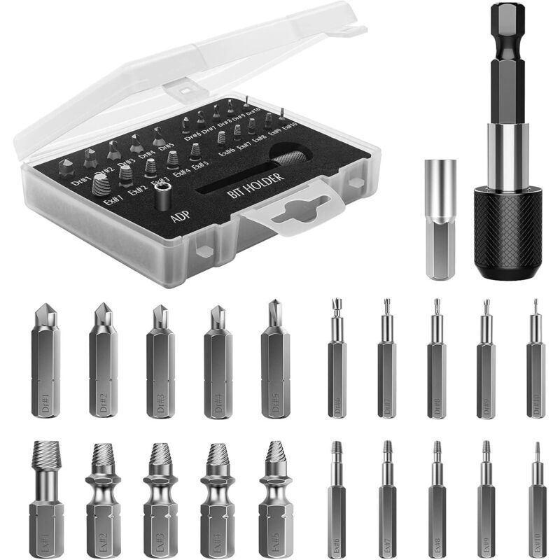 Schraubenausdreher-set. 22-teiliges, Verbessertes Ausdrehwerkzeug-set Aus Hss 4341-legierungsstahl Mit Bohrern, 2 Magnetischen Bit-verlängerungen Und Steckschlüsseladapter Für Beschädigte Schrauben. S