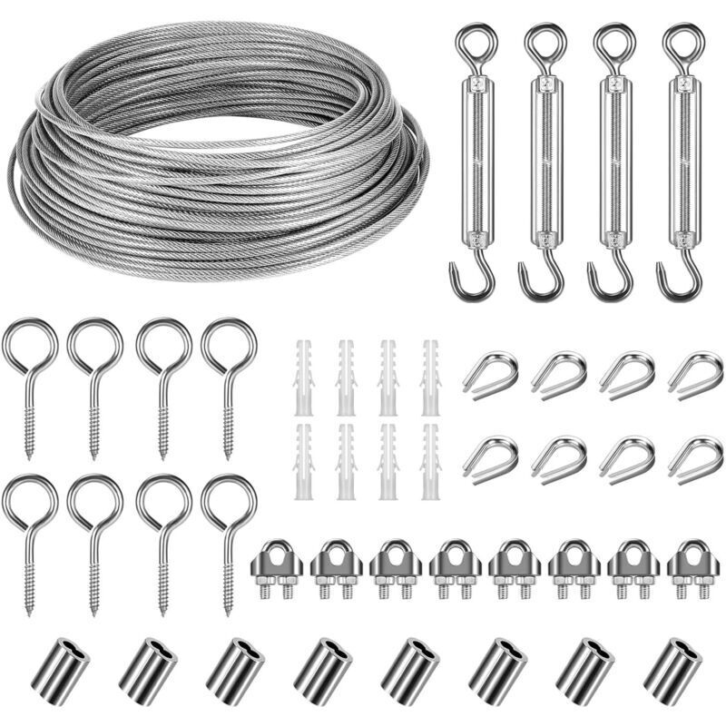 30 M Edelstahl-aufhängeseil-set. 3 Mm Pvc-ummanteltes Edelstahlseil Mit M5-seilspanner Und Haken. Für Wäscheleinen, Hängelampen, Kletterpflanzen Und Geländer.