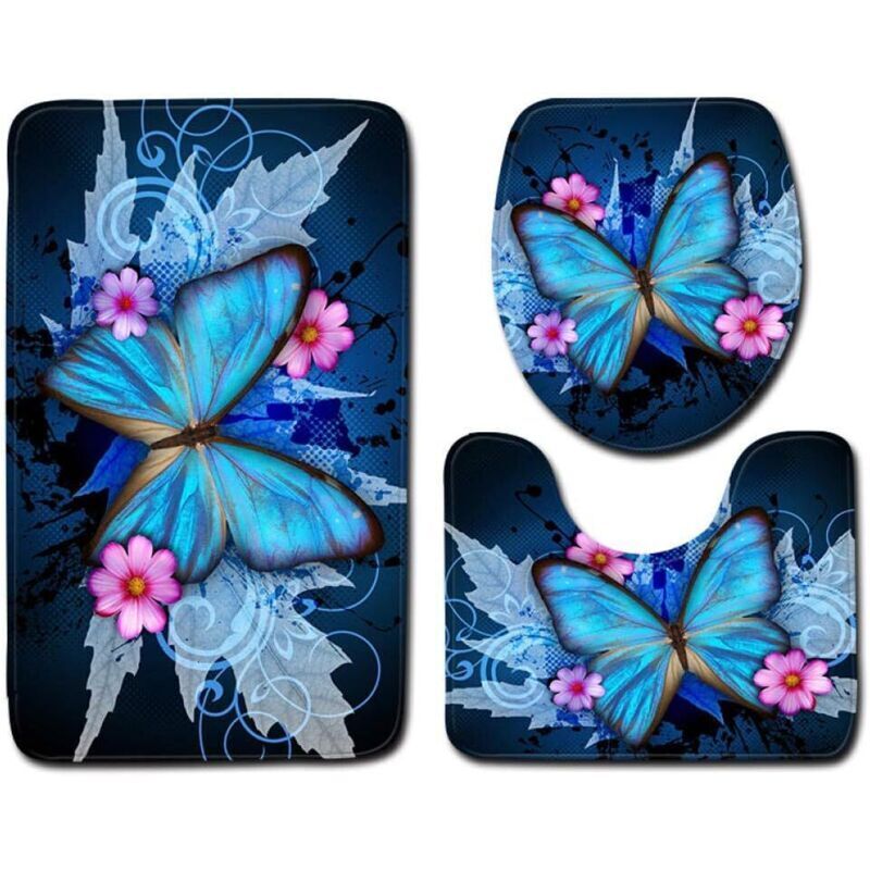 (40 X 60) 3-teiliges Badematten-set, Blaues Schmetterlingsmuster, Wc-konturmatte, Weiche Und Bequeme Rutschfeste Badematte, Waschbar