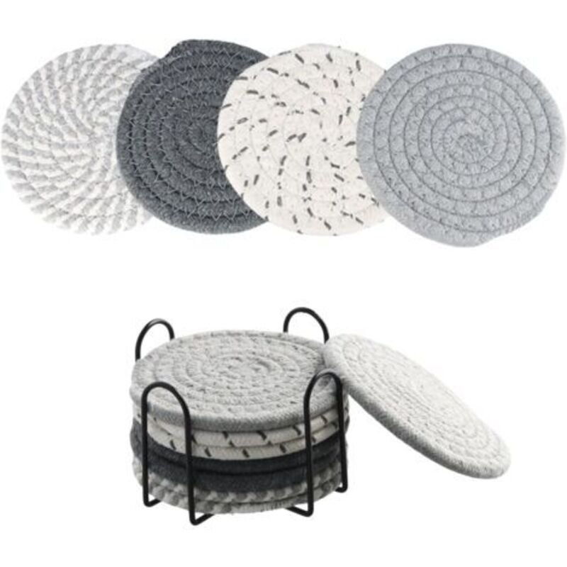8er-set Untersetzer Mit Halter. Saugfähige Baumwolluntersetzer. Runde, Geflochtene Untersetzer. Untersetzer Im Boho-stil. Untersetzer Für Couchtische. Für Tassen (grau).