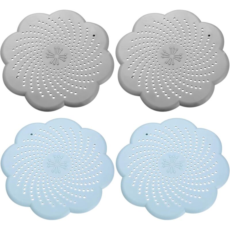 4-teiliges Universal-abflusssieb-set Aus Silikon. Silikon-abflussschutz. Haarfänger Für Dusche Und Badewanne. Für Spüle, Küche Und Dusche – 2 Graue Und 2 Blaue Siebe.