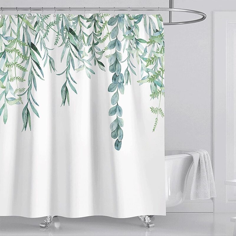 Wasserdichter, Schimmelresistenter Duschvorhang Aus Polyester Mit Grünem Blättermuster, Waschbar, Mit 12 C-haken Für Badewanne Und Duschkabine (180 X 200 Cm)