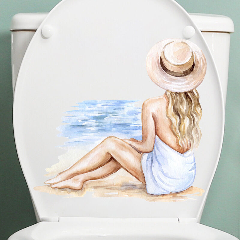 Wasserfester Wc-sitzaufkleber. Gemaltes Mädchen Am Strand. Rückansicht. Badezimmer. Toilette.