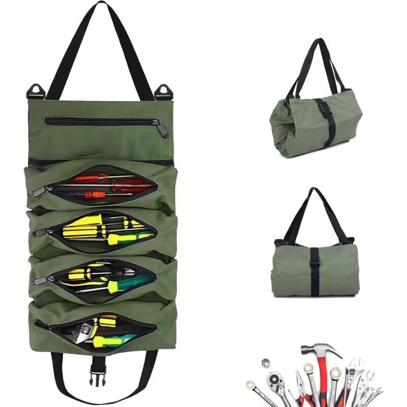 Werkzeugrolle Zum Aufrollen. Werkzeugrolle Mit 5 Reißverschlusstaschen. Werkzeugtasche Auf Rollen. Werkzeugtasche Aus Canvas. Werkzeugtaschen Für Klempner Und Elektriker (ve